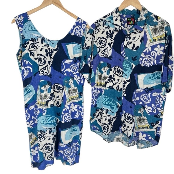Jams World Couple Blue Royal‎ Hawaiian Hotel Print Dress and Shirt Set - Picture 1 of 16